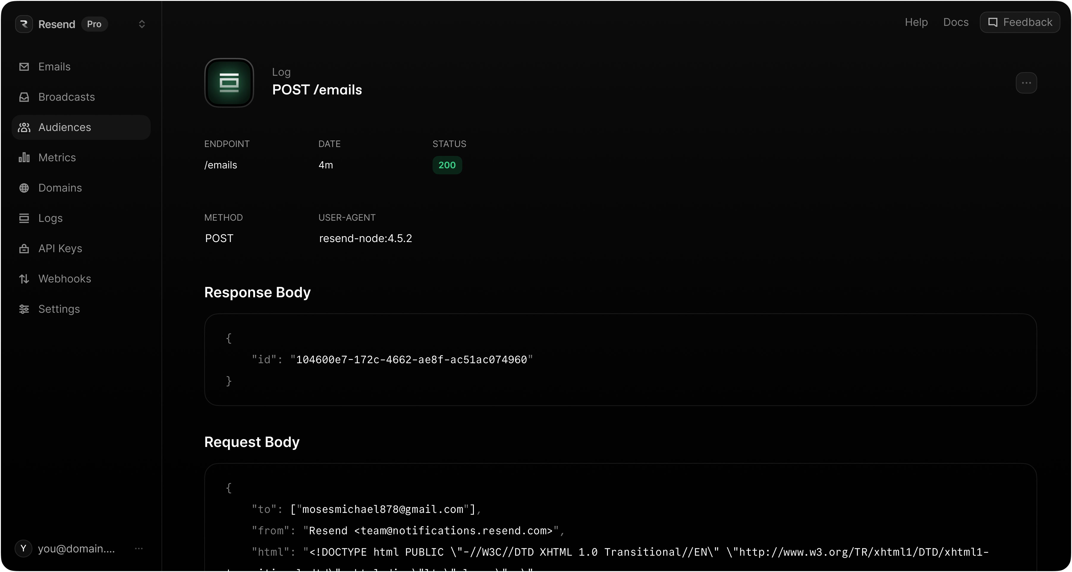 Resend Dashboard - Logs